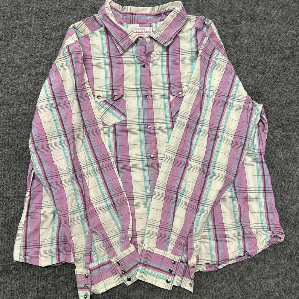 Panhandle Slim Shirt Womens XXL Purple Plaid Metallic Western Snap Long Sleeve